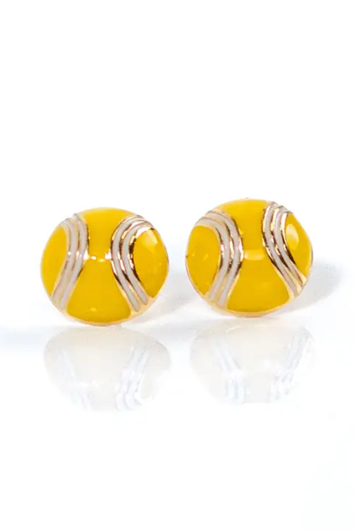 Pair of yellow earrings with gold accents on a white background