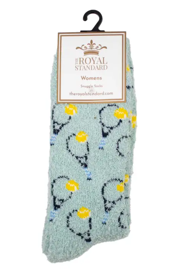 Light blue socks with tennis racket and ball design on a hanger with 'Royal Standard' label.