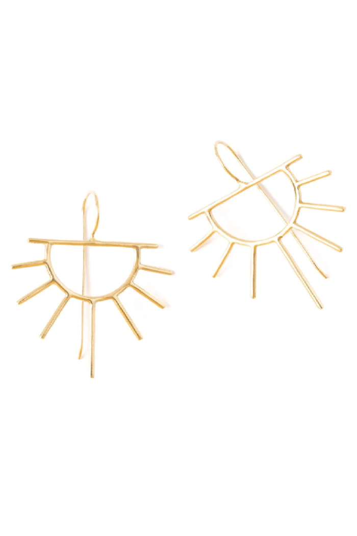 Gold sun-shaped earrings on a white background