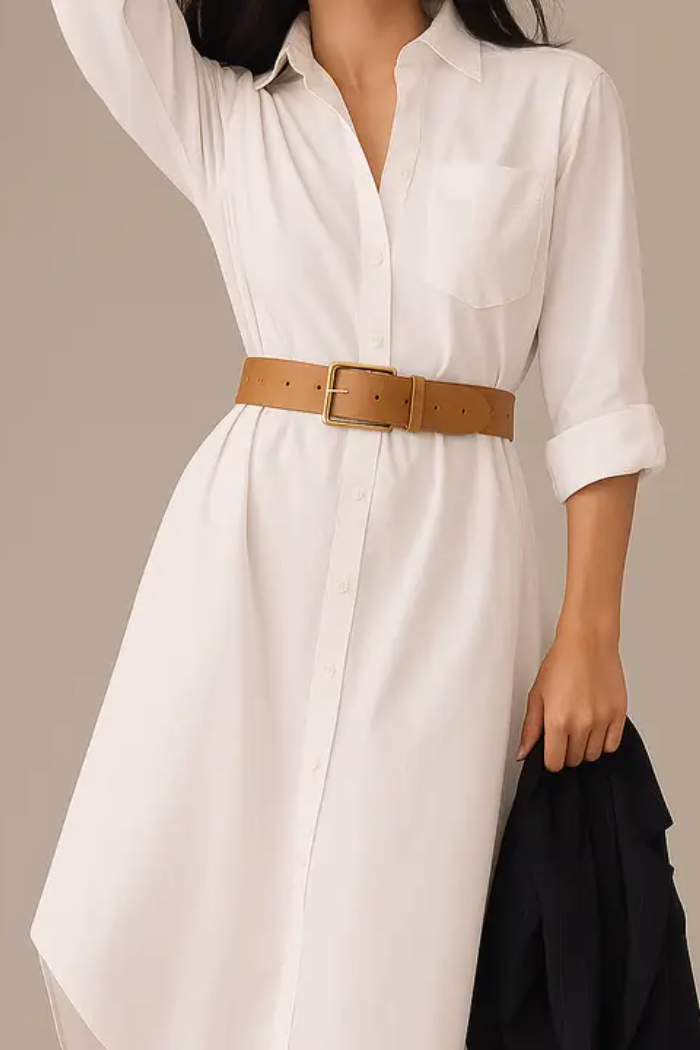 White dress with a brown belt on a neutral background