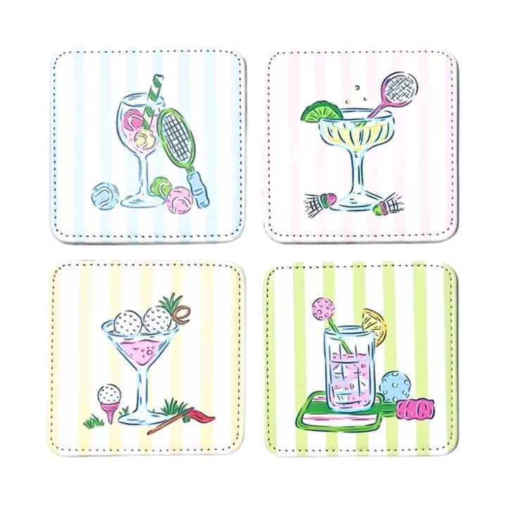 KEVA Country Club coaster set featuring colorful cocktail and sport illustrations on striped pastel backgrounds