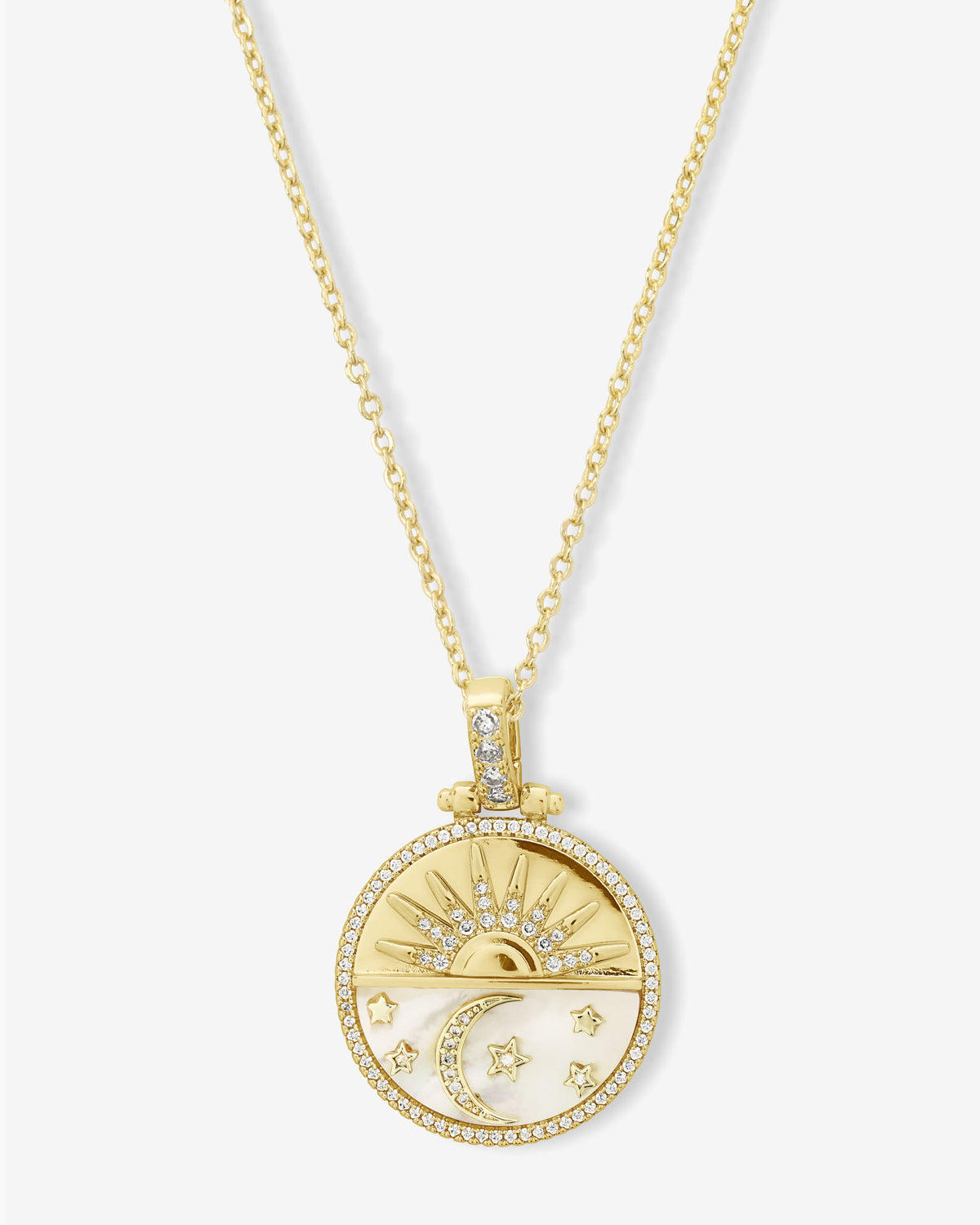 Melinda Maria gold New Beginnings Medallion Necklace with sun, crescent moon, stars, and crystal halo on white background