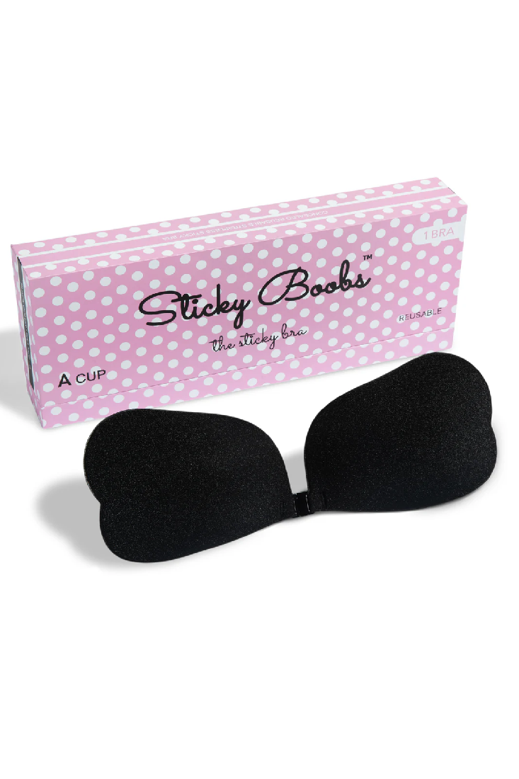 Black strapless bra with 'Sticky Boobs' packaging on a white background