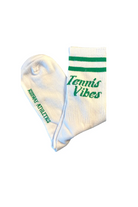 Two socks with 'Tennis Vibes' text on a white background