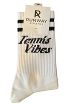 White socks with 'Tennis Vibes' text and 'Runway Athletics' branding on a white background