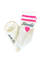 White sock with pink heart and 'Tennis' text on a white background
