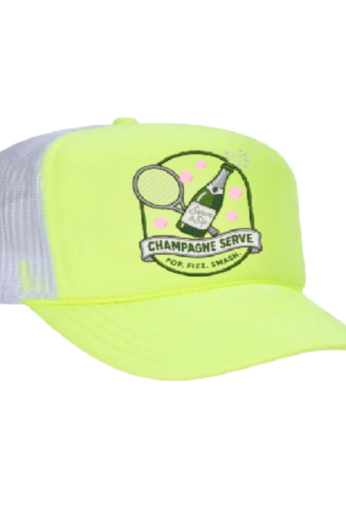 Yellow cap with a champagne bottle and tennis racket design on a white background