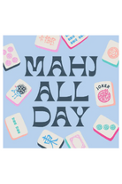 Card with 'MAHJ ALL DAY' text and Mahjong tiles on a light blue background