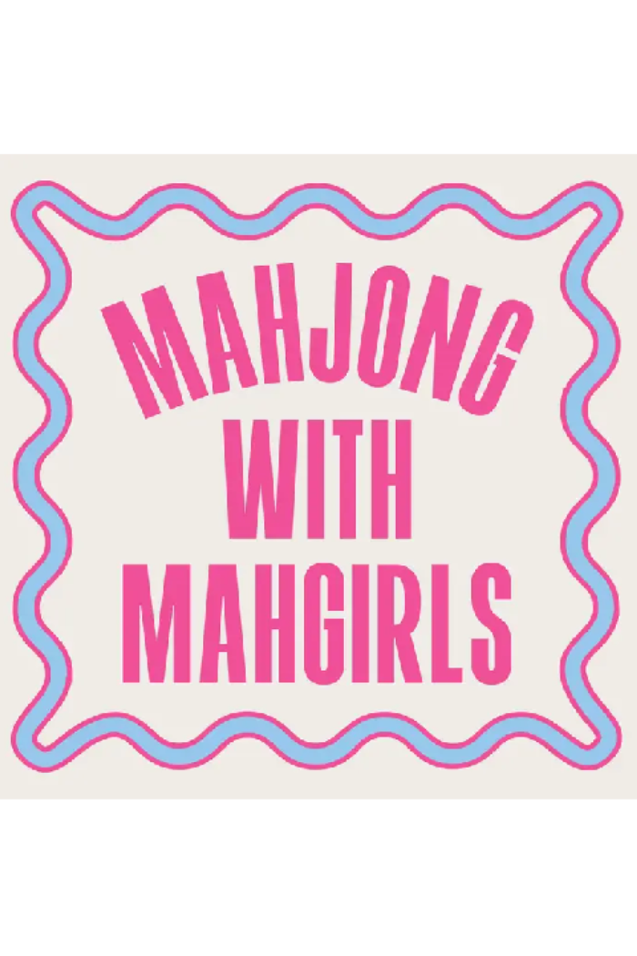 Text 'MAHJONG WITH MAHGIRLS' in pink on a light background with decorative border