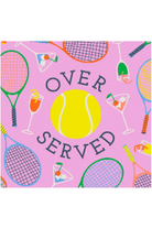 Pink napkin with tennis ball, rackets, and 'OVER SERVED' text on a white background