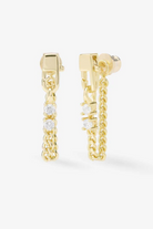 Gold chain earrings with small diamonds on a white background