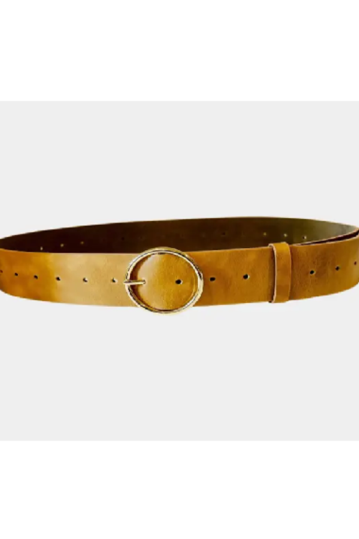 Brown leather belt with a round buckle on a white background