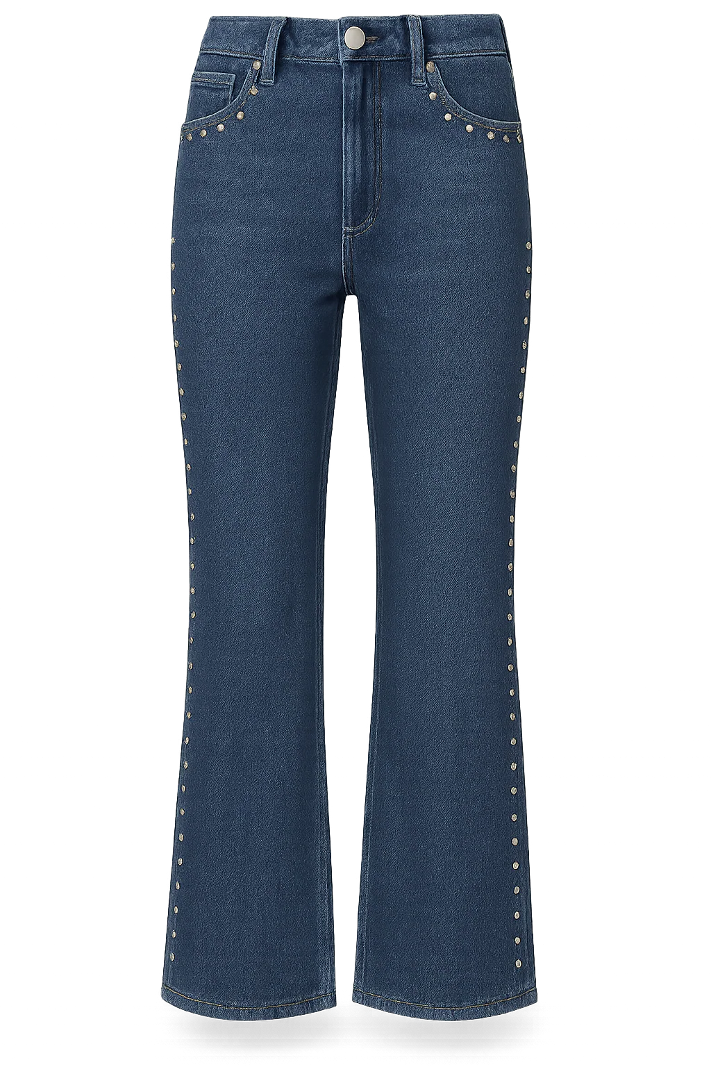Blue jeans with studded details on a white background
