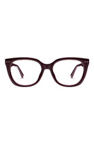 Pair of cat-eye glasses with a dark brown frame on a white background
