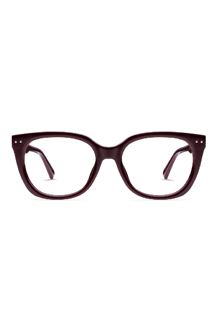 Pair of cat-eye glasses with a dark brown frame on a white background