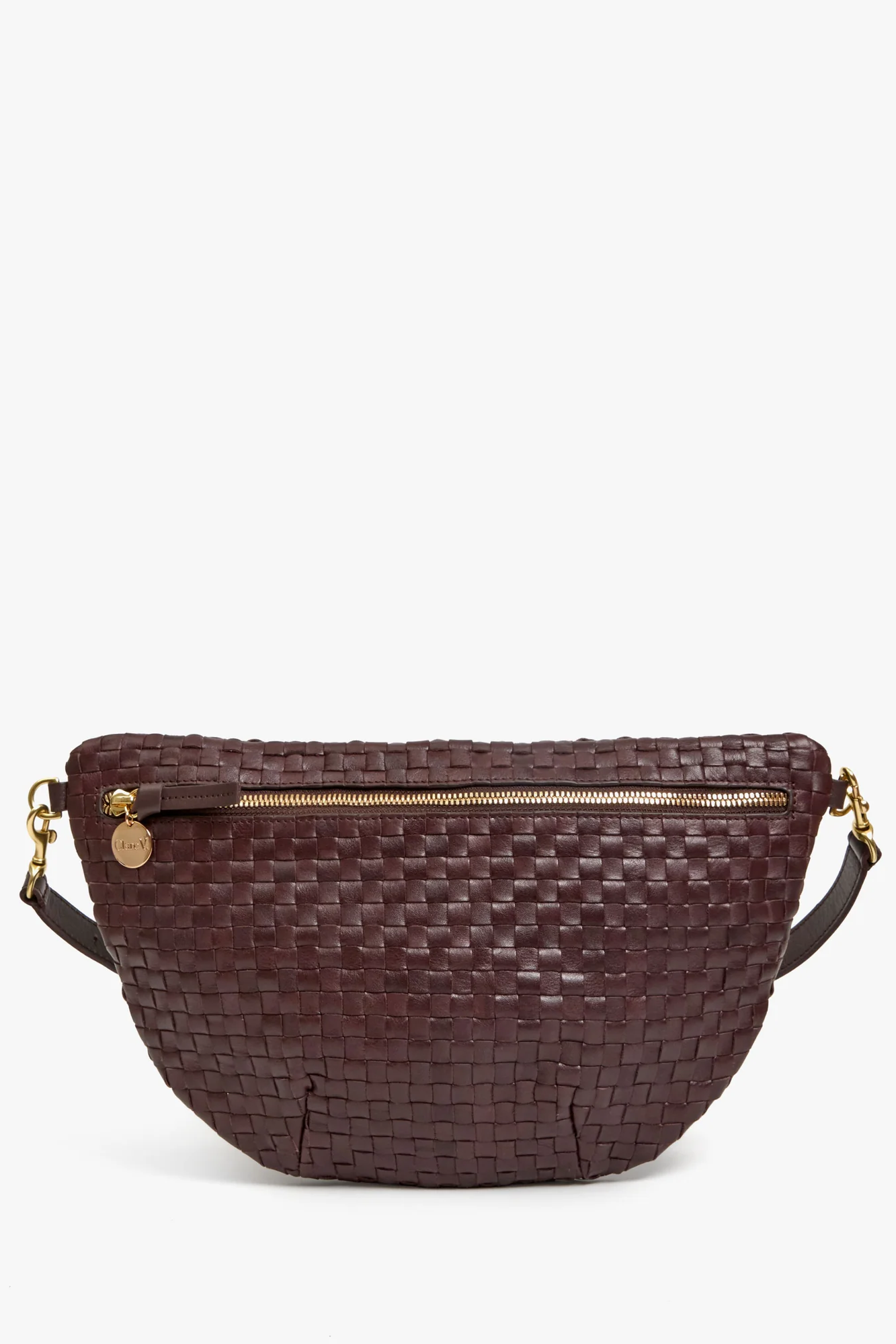 Brown woven handbag with gold zipper on a white background