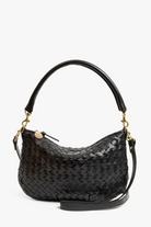 Black woven handbag with gold accents on a white background