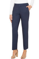 Navy blue pants worn by a person on a white background