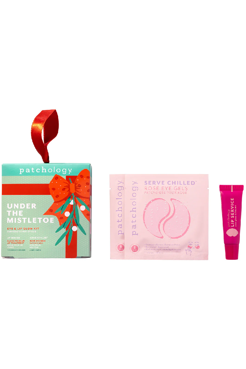 Patchology skincare products including a box, eye gel, and serum on a white background