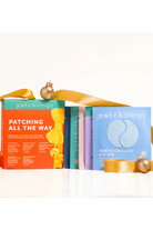 Collection of Patchology skincare products with decorative ribbons on a white background
