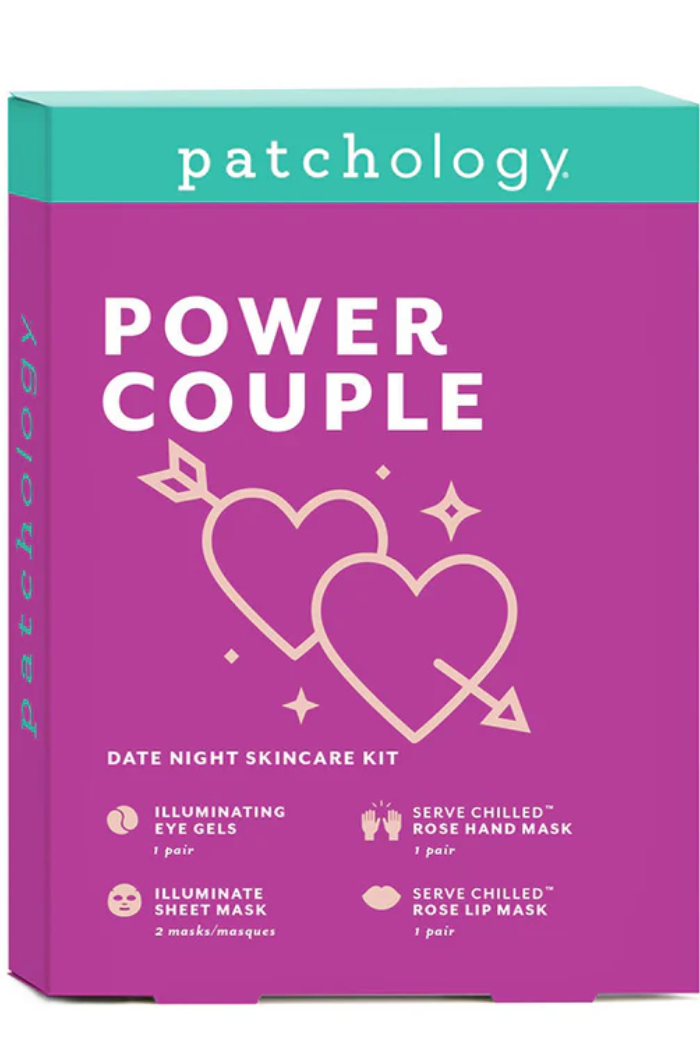 Patchology Power Couple skincare kit packaging with purple and teal design.