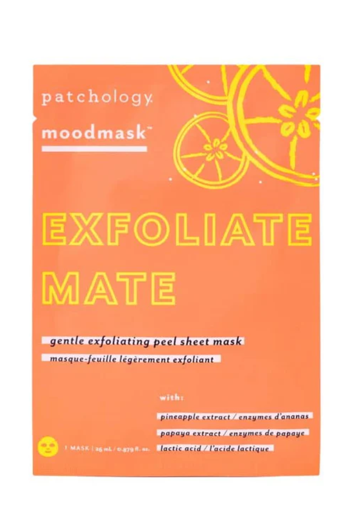 Patchology moodmask Exfoliate Mate packaging on a white background