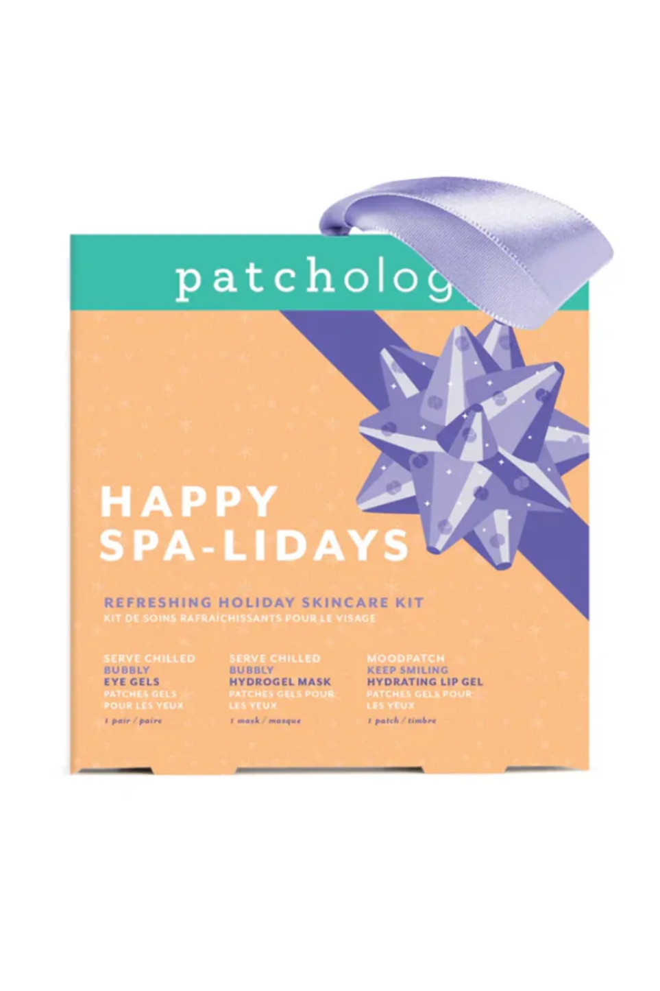 Patchology Happy Spa-Lidays skincare kit with a purple bow on a white background