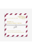 Bracelet packaging with red and white striped design and gold text on a white background