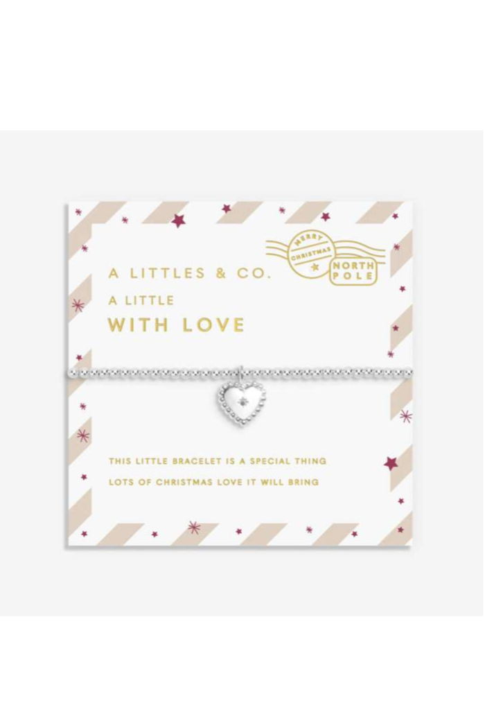 Bracelet with heart charm on a branded card with 'A Littles & Co' text.