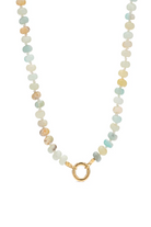 Necklace with multicolored beads and a gold clasp on a white background