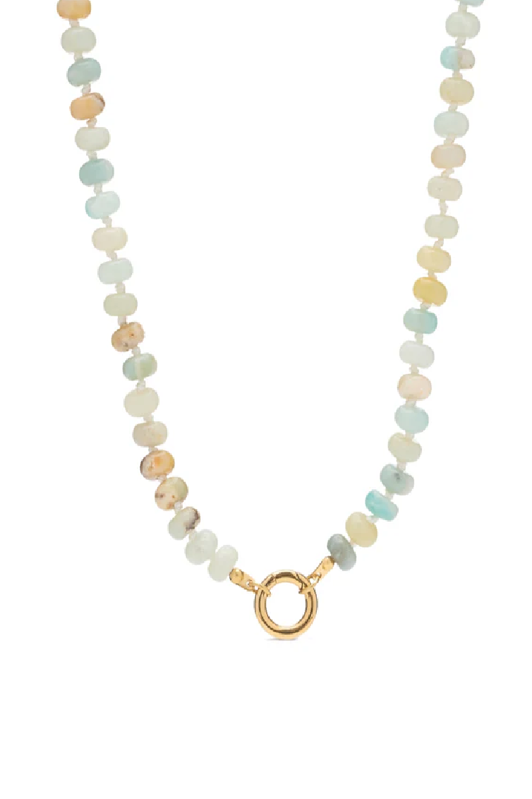 Necklace with multicolored beads and a gold clasp on a white background