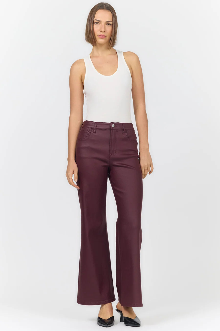 Dear John Fiona fig coated wide leg jeans, full-length front view with white tank top