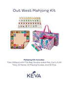 Out West Mahjong Kit with western-themed tiles, double-sided mat, colorful floral tote bag, racks, and tile bag by KEVA