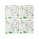 KEVA Country Club coaster set of four with all-over pastel golf and tennis pattern on yellow stripe