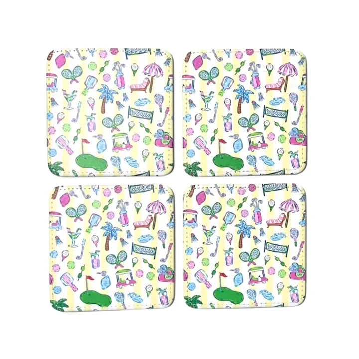 KEVA Country Club coaster set of four with all-over pastel golf and tennis pattern on yellow stripe