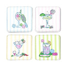 KEVA Country Club coaster set featuring colorful cocktail and sport illustrations on striped pastel backgrounds