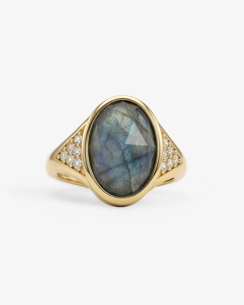Melinda Maria David Ring, oval labradorite stone, yellow gold bezel, diamond accents, front view