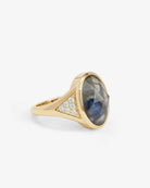 Melinda Maria David Ring, side angle showing triangle diamond pavé and gold signet band