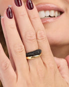 Norah Pavé Double Ring worn on ring finger with dark red manicured nails
