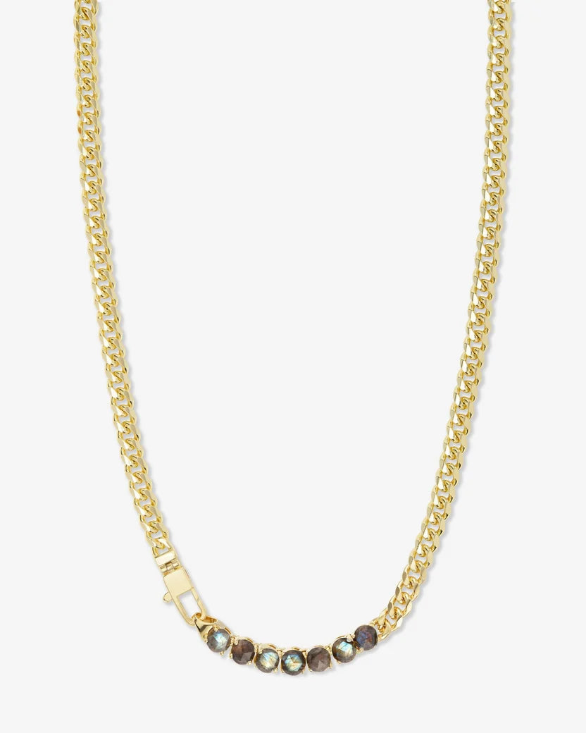 Gold Cuban curb chain necklace with labradorite gemstones on white background