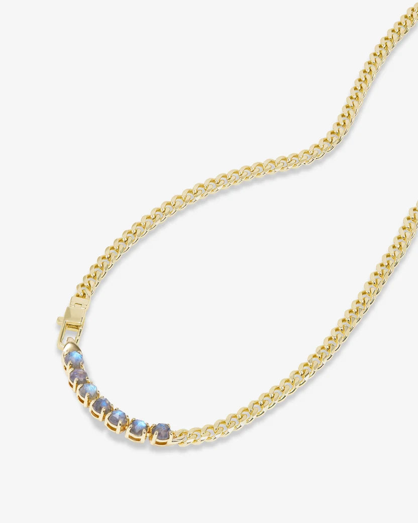Close-up of gold Cuban chain necklace with iridescent labradorite stones and box clasp