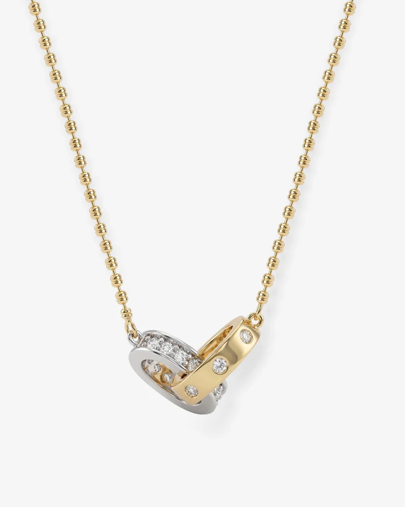 Melinda Maria Ashley Duo Necklace gold beaded chain interlocked diamond rings white background