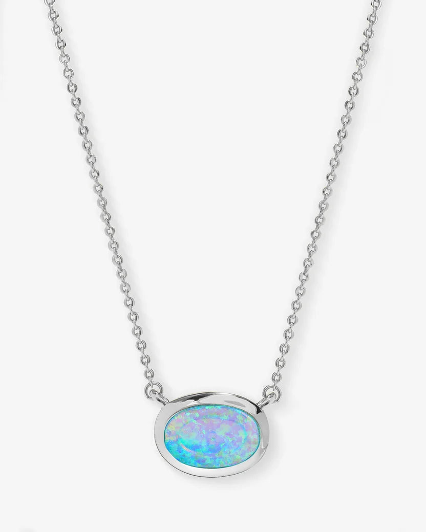 Melinda Maria silver oval blue opal pendant necklace on white background